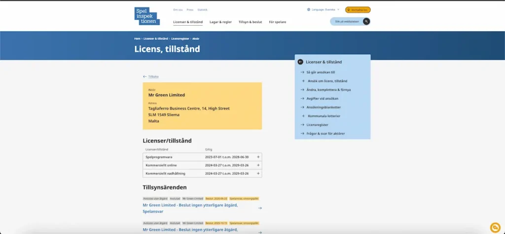Vi kontrollerade statusen på licensen i Spelinspektionens register