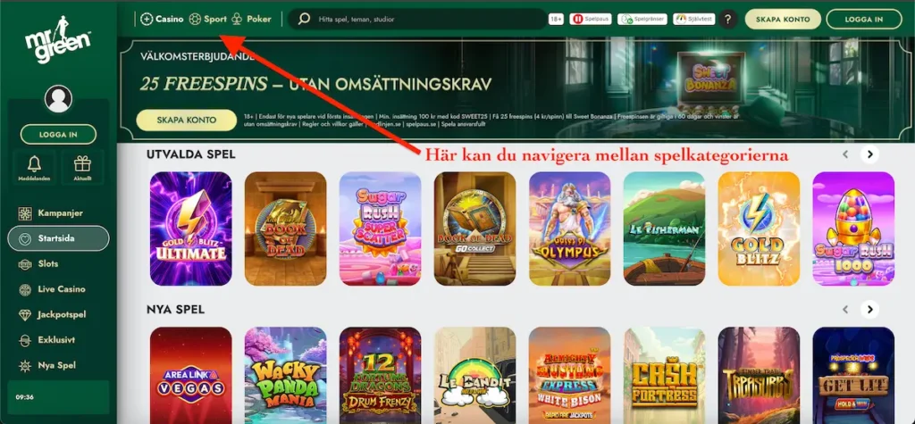Mr Green lobby med casinospel och navigering mellan spelkategorier