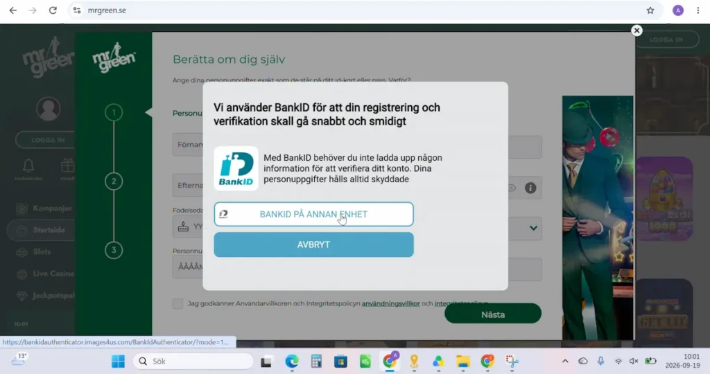Test av Mr Green registrering