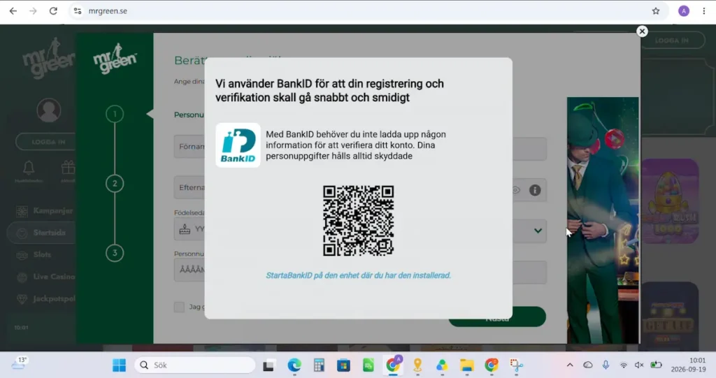 Test av Mr Green registrering