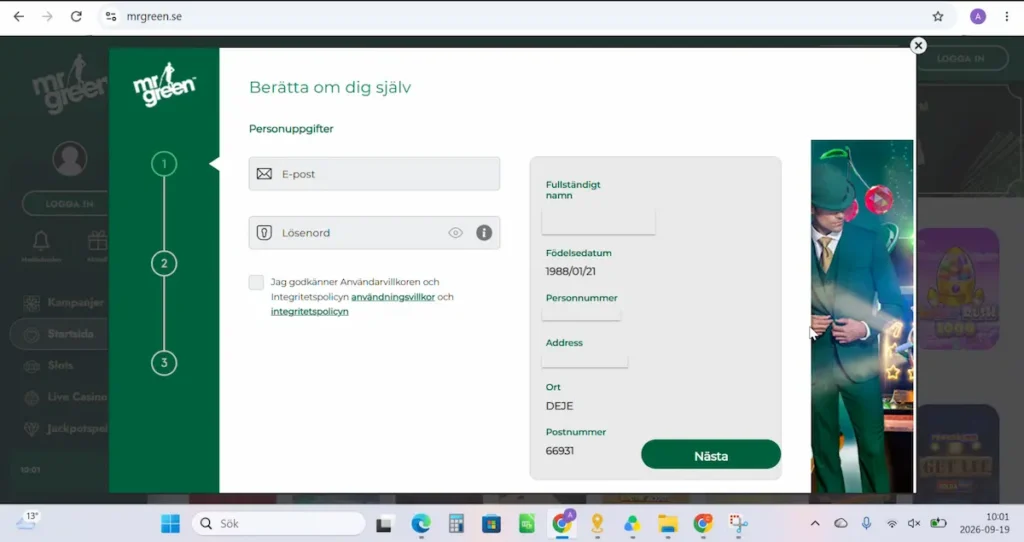Test av Mr Green registrering