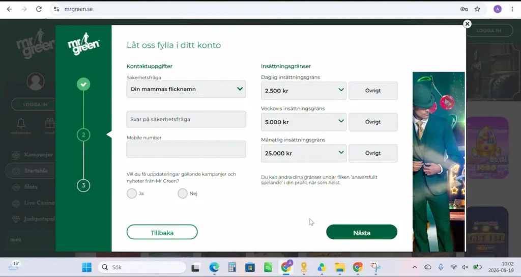 Test av Mr Green registrering