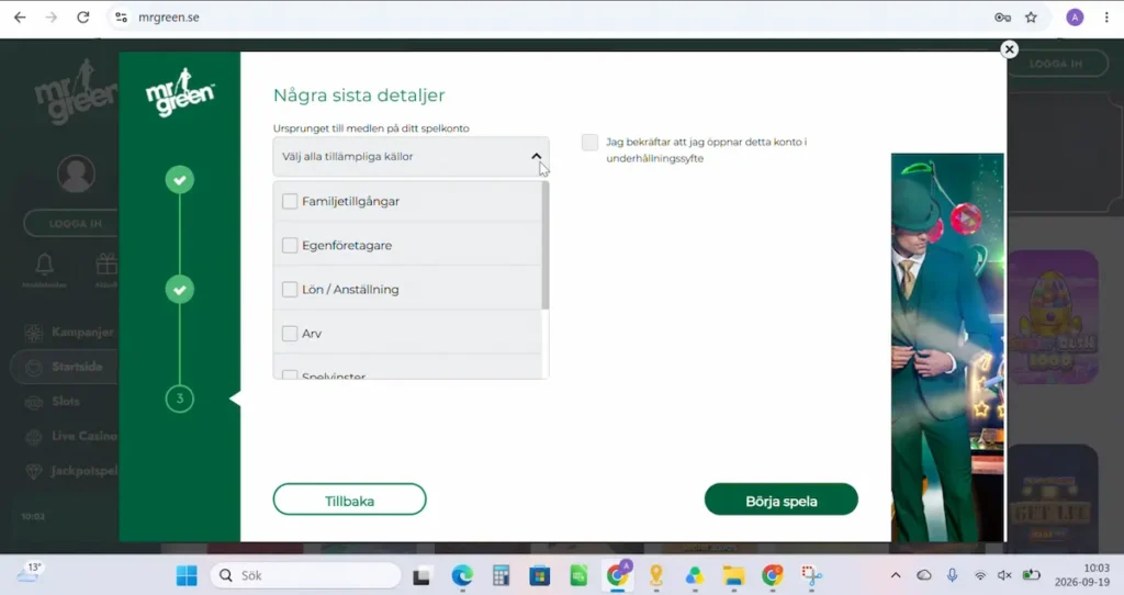 Test av Mr Green registrering