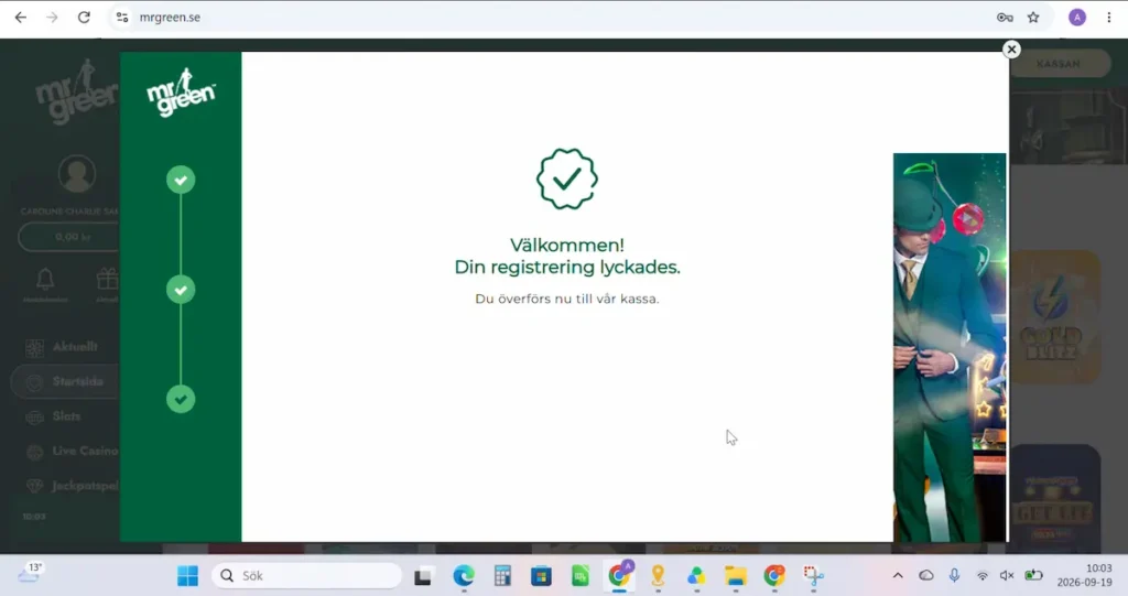 Test av Mr Green registrering