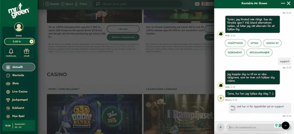 Test av Mr Greens support