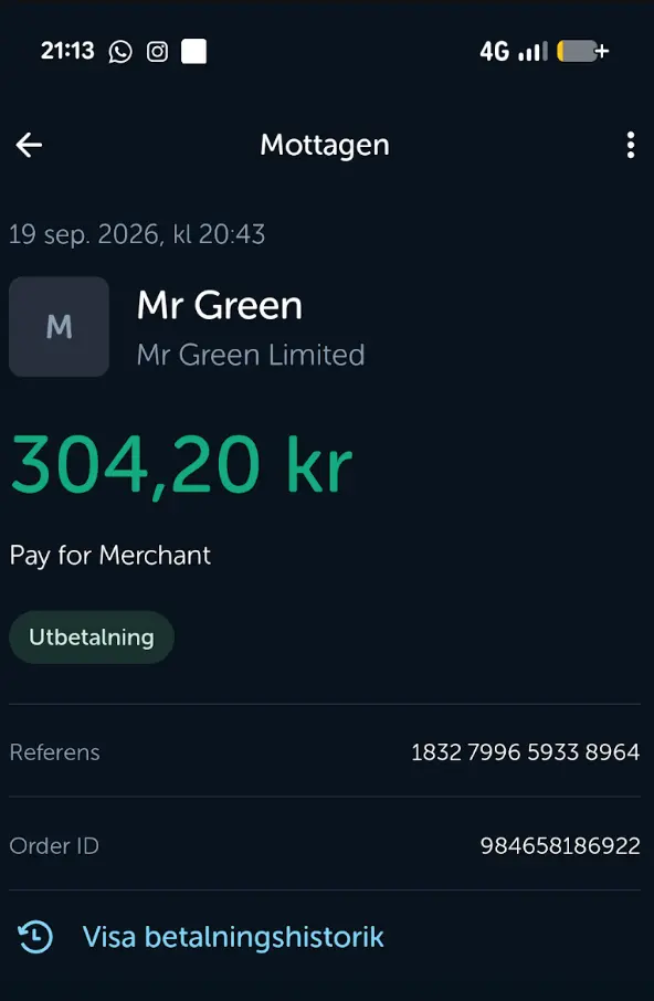 Bekräftelse i Swish-appen som visar att vi tog emot uttaget från Mr Green