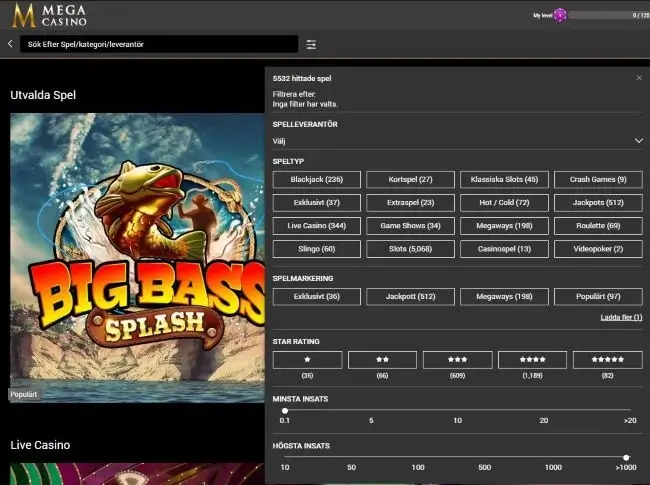 Mega Casino lobby med spel