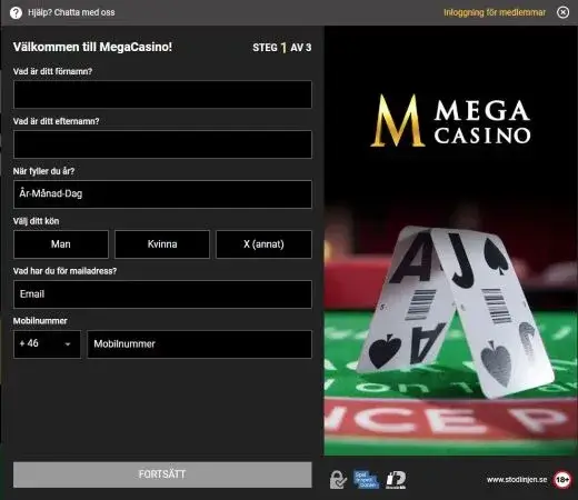 MegaCasino registrering steg 1