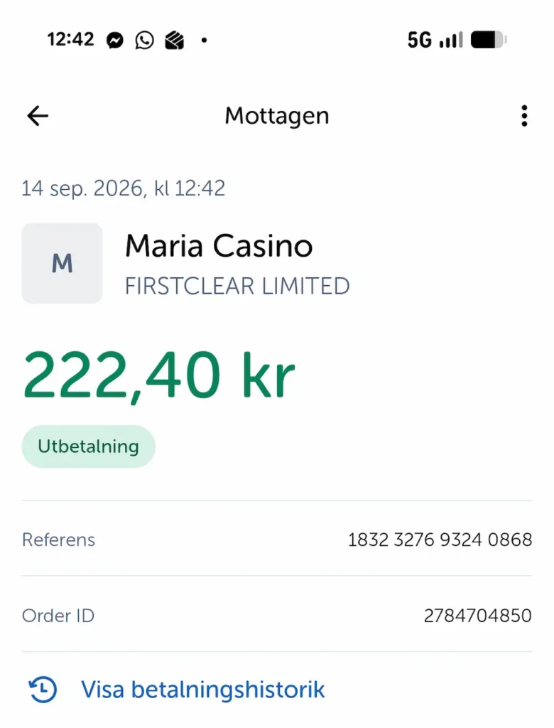 Maria Casino uttagsbekräftelse