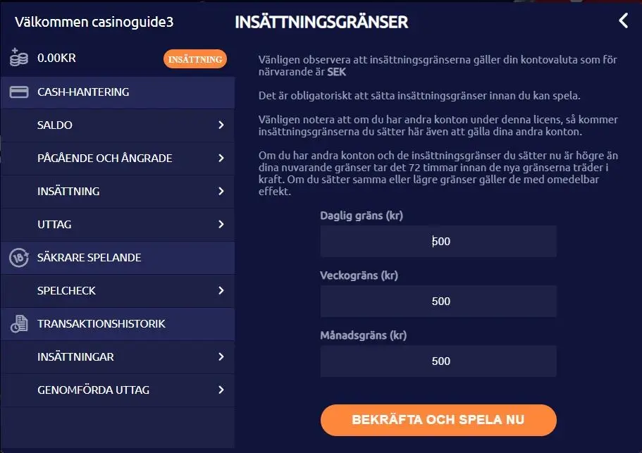 Insättningsgränser hos VegasWinner