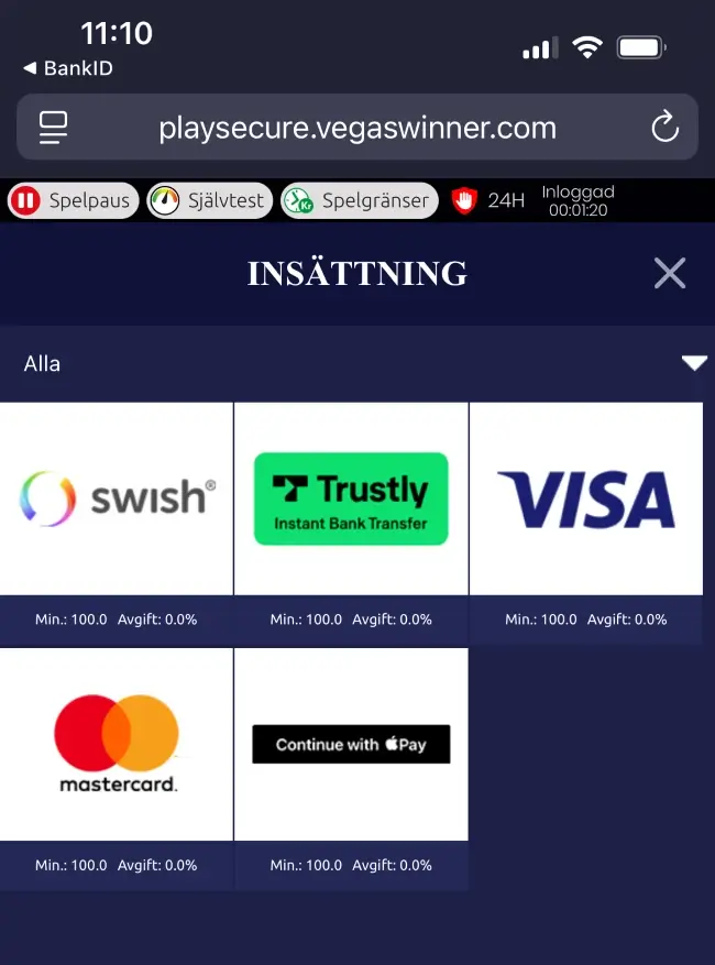 VegasWinner insättningsmetoder