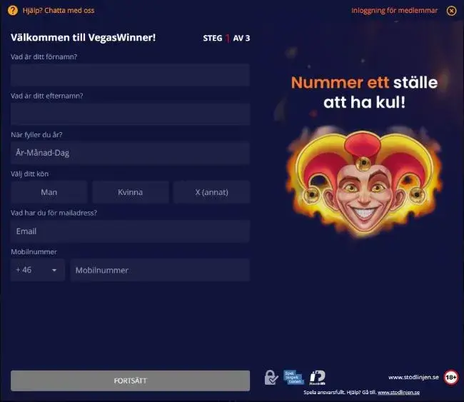 VegasWinner registrering steg 1