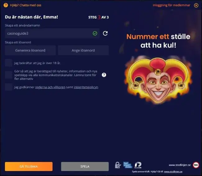 VegasWinner registrering steg 3