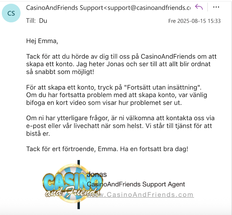test av Casino and Friends support via mejl