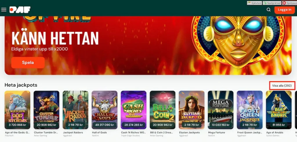 Paf Casino jackpottar
