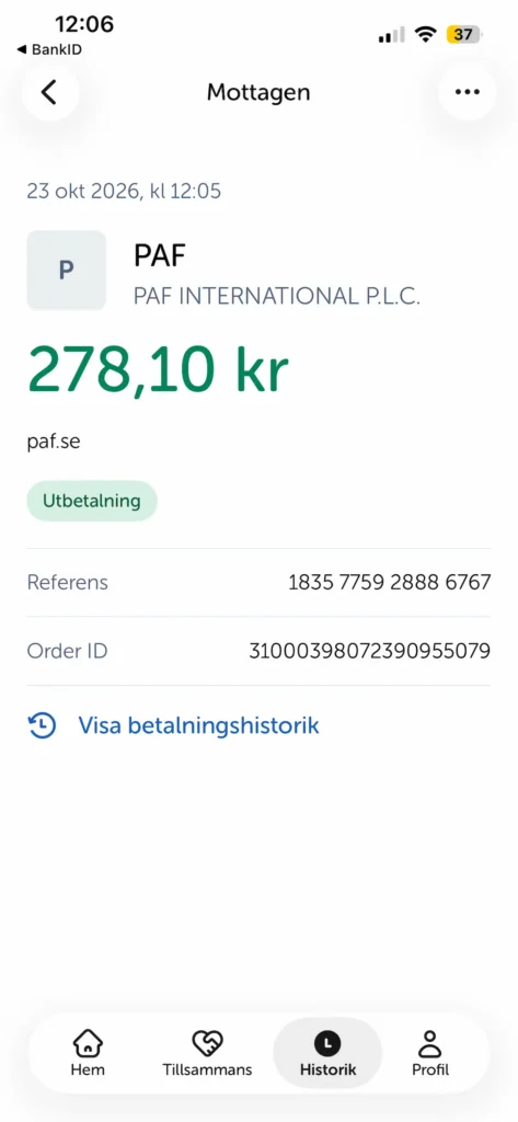 Paf Casino Swish uttag bekräftelse