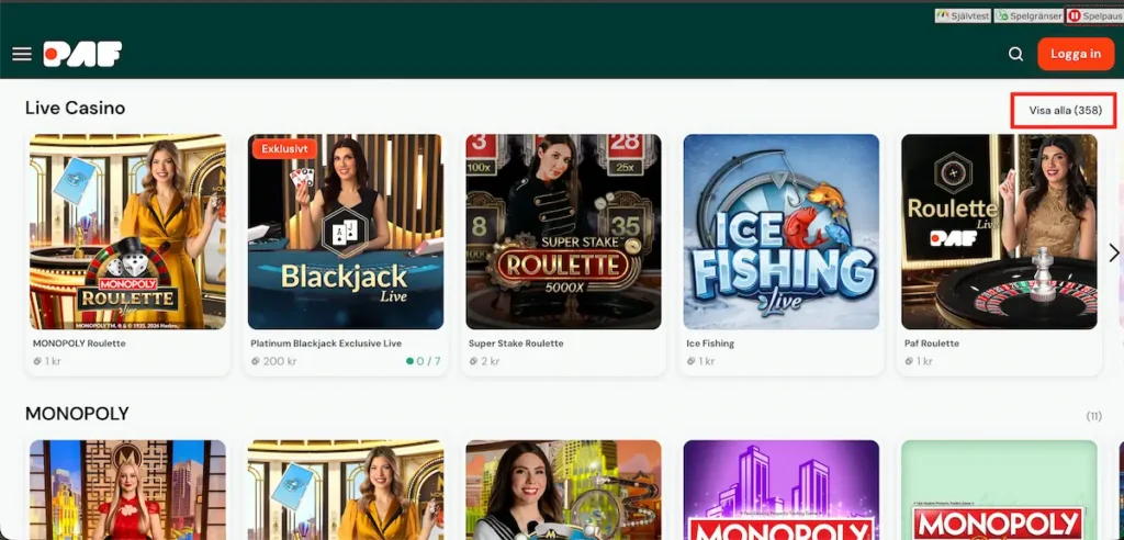 Paf live casino