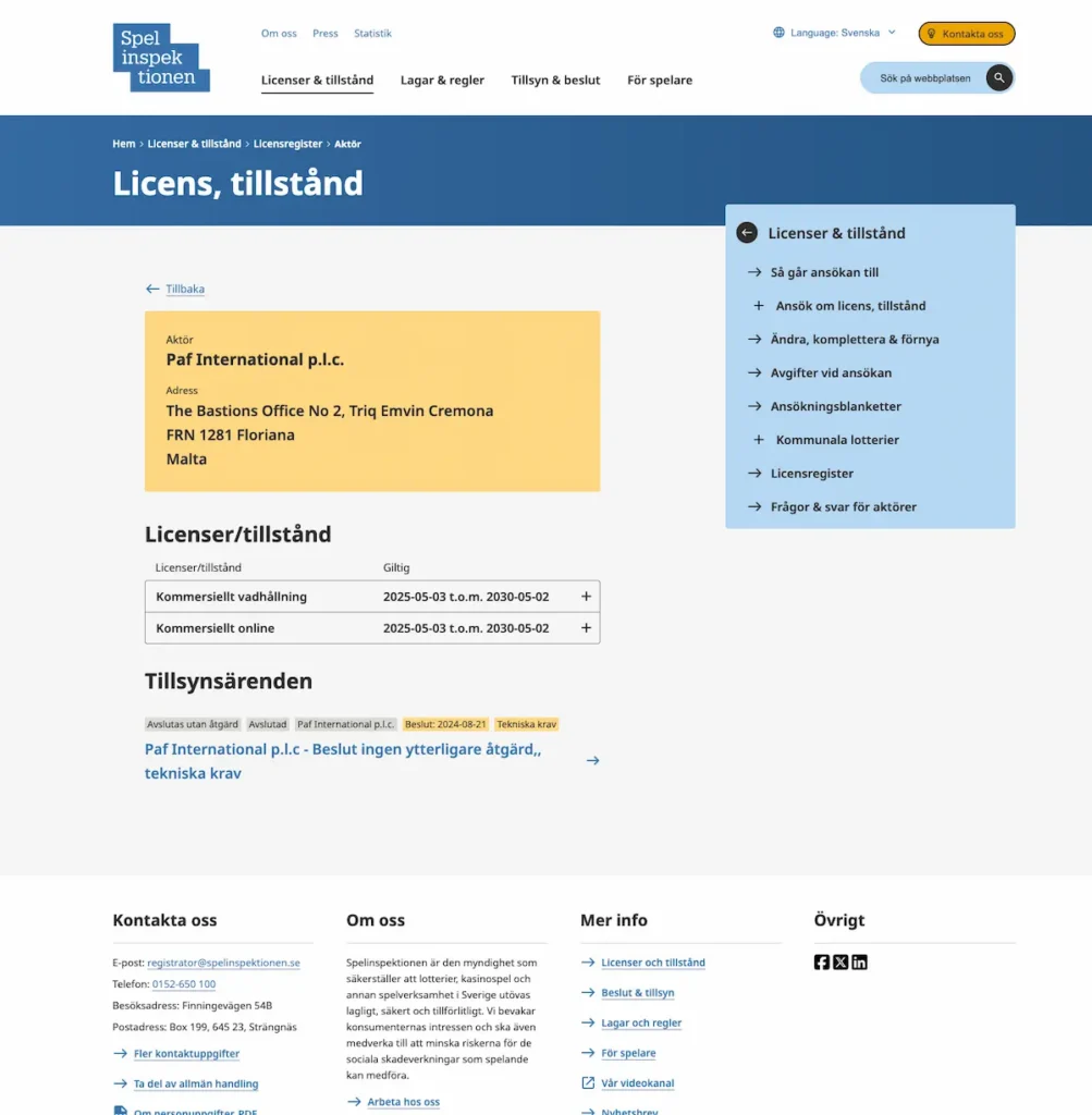 Paf spelinspektionens register