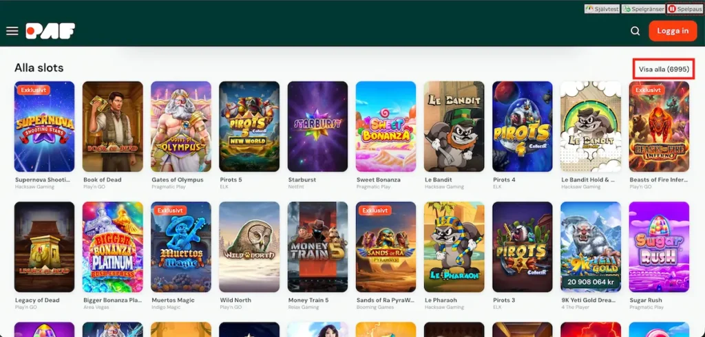 Paf Casino spelutbud