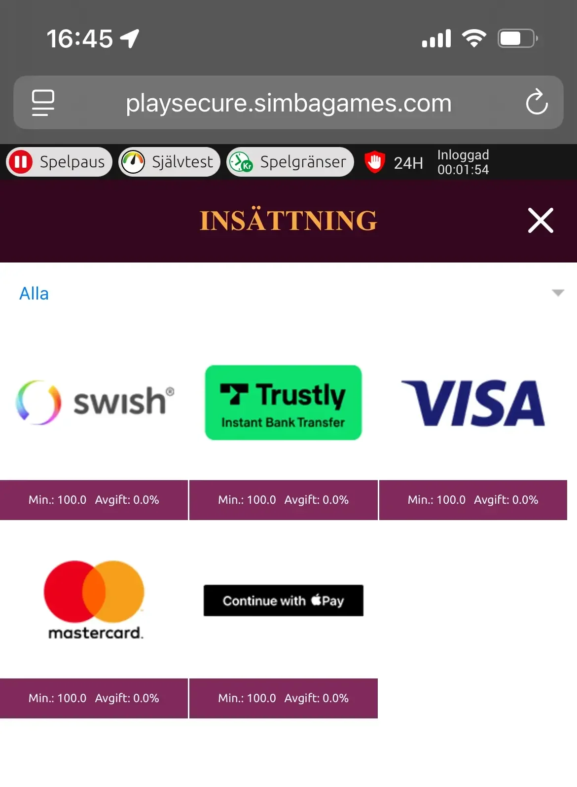 Simba Games betalningsmetoder