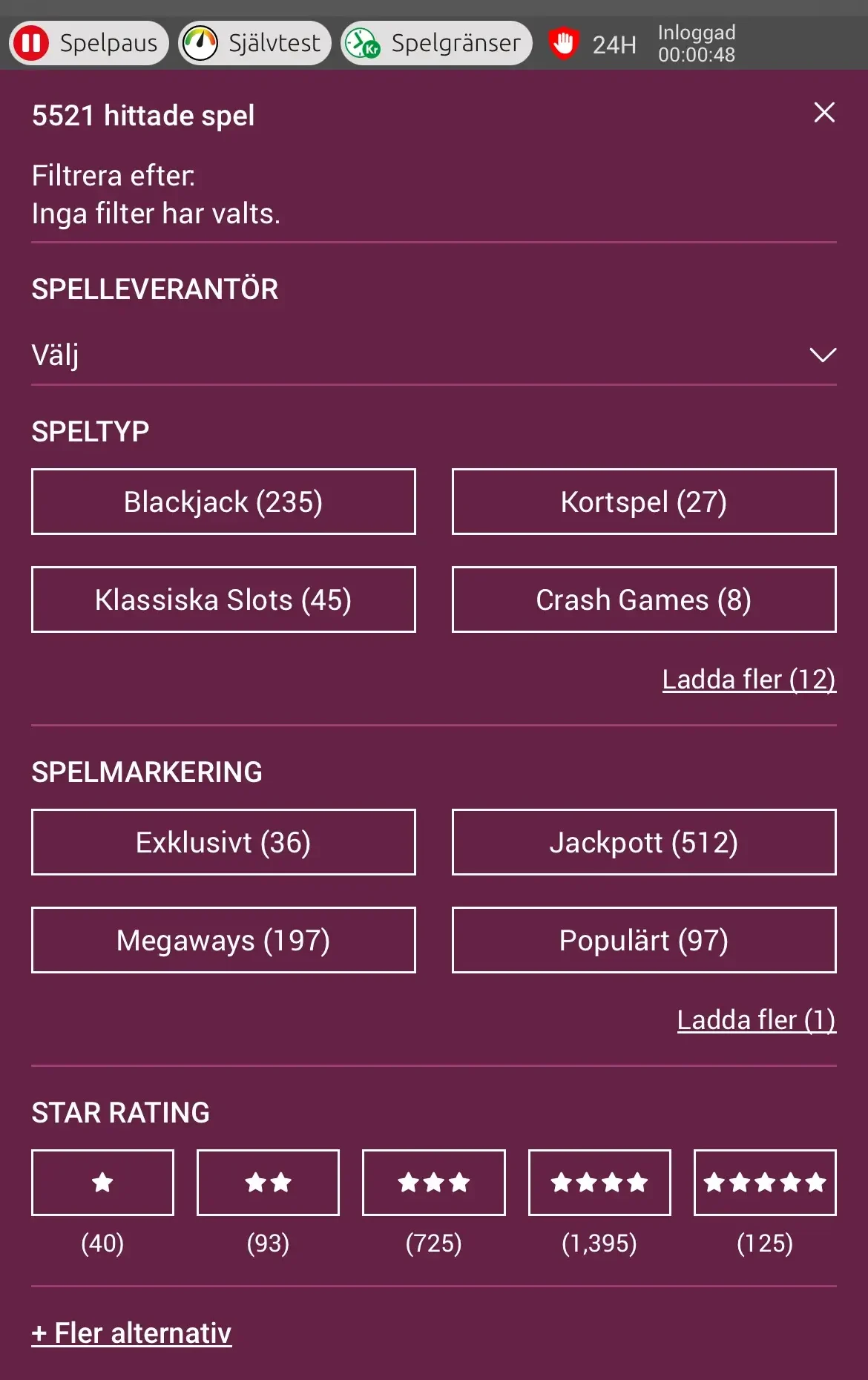 Spelfilter för Simba Games casino spel