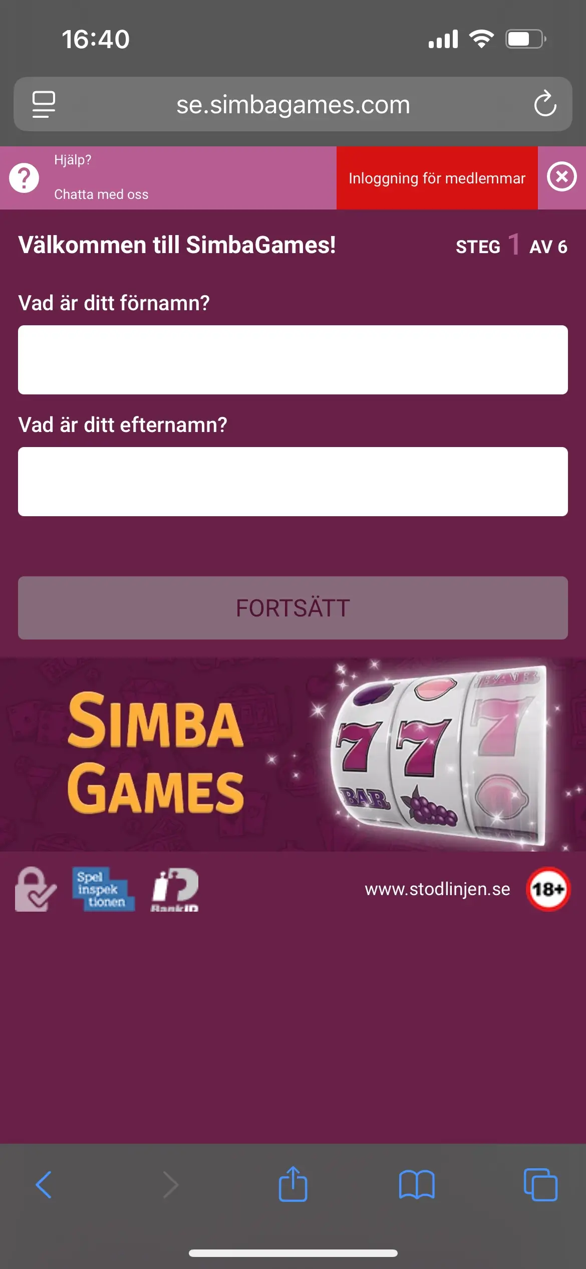 Simba Games registrering steg 1