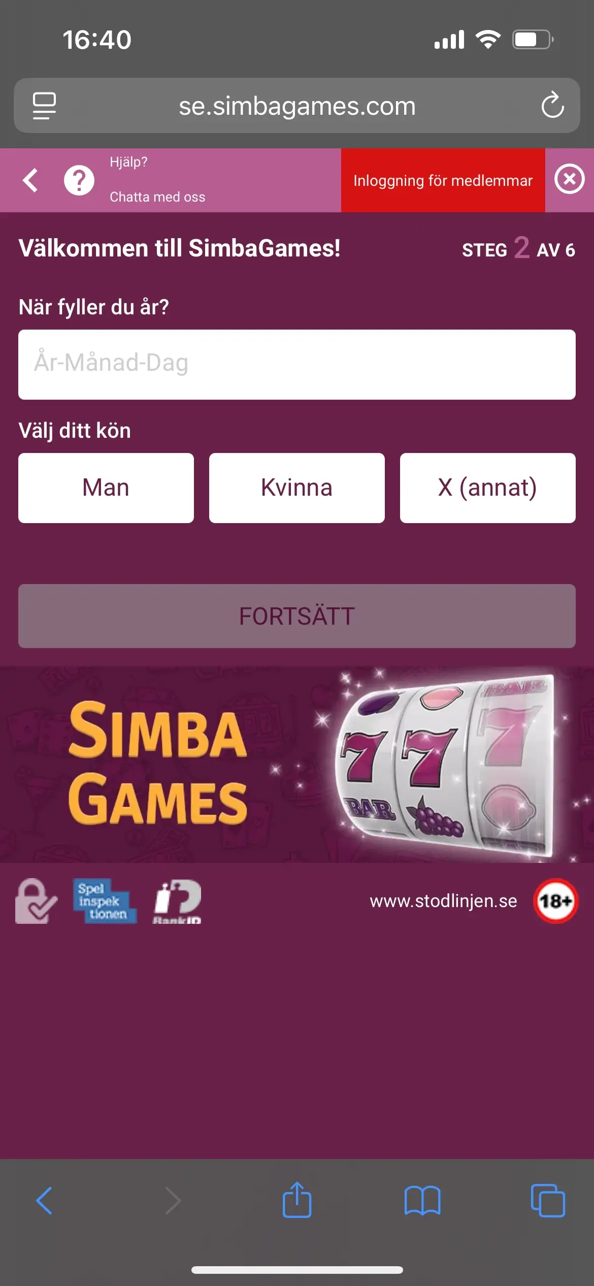 Simba Games registrering steg 2