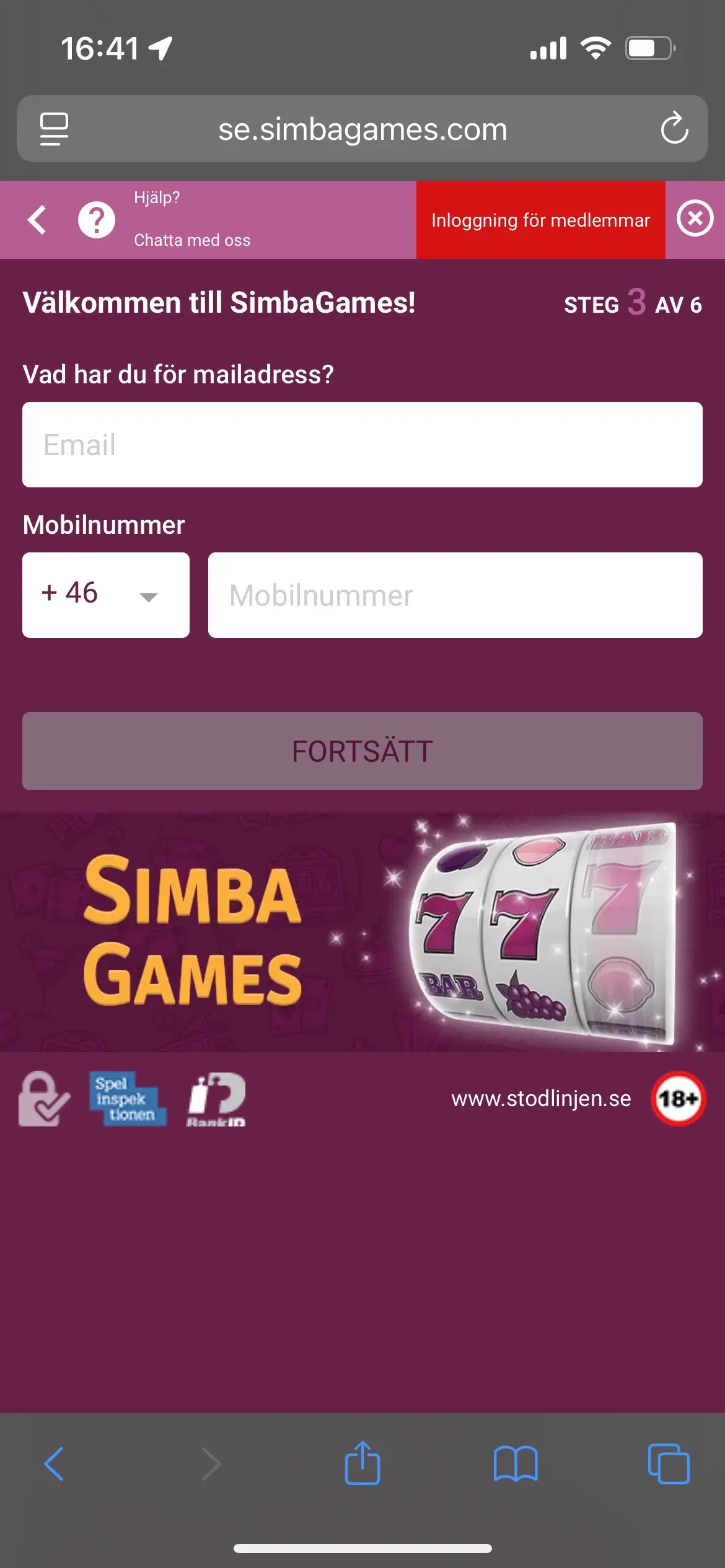Simba Games registrering steg 3