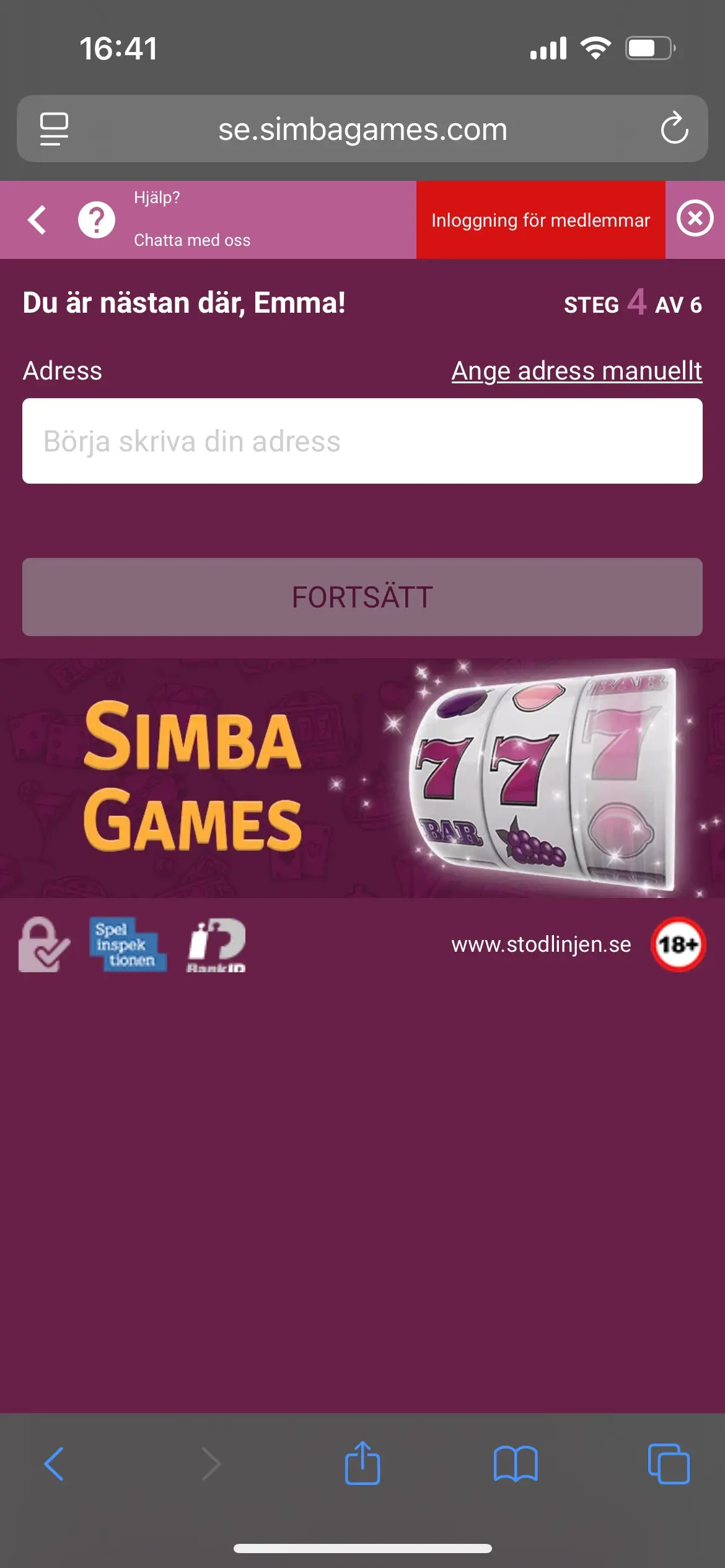 Simba Games registrering steg 4