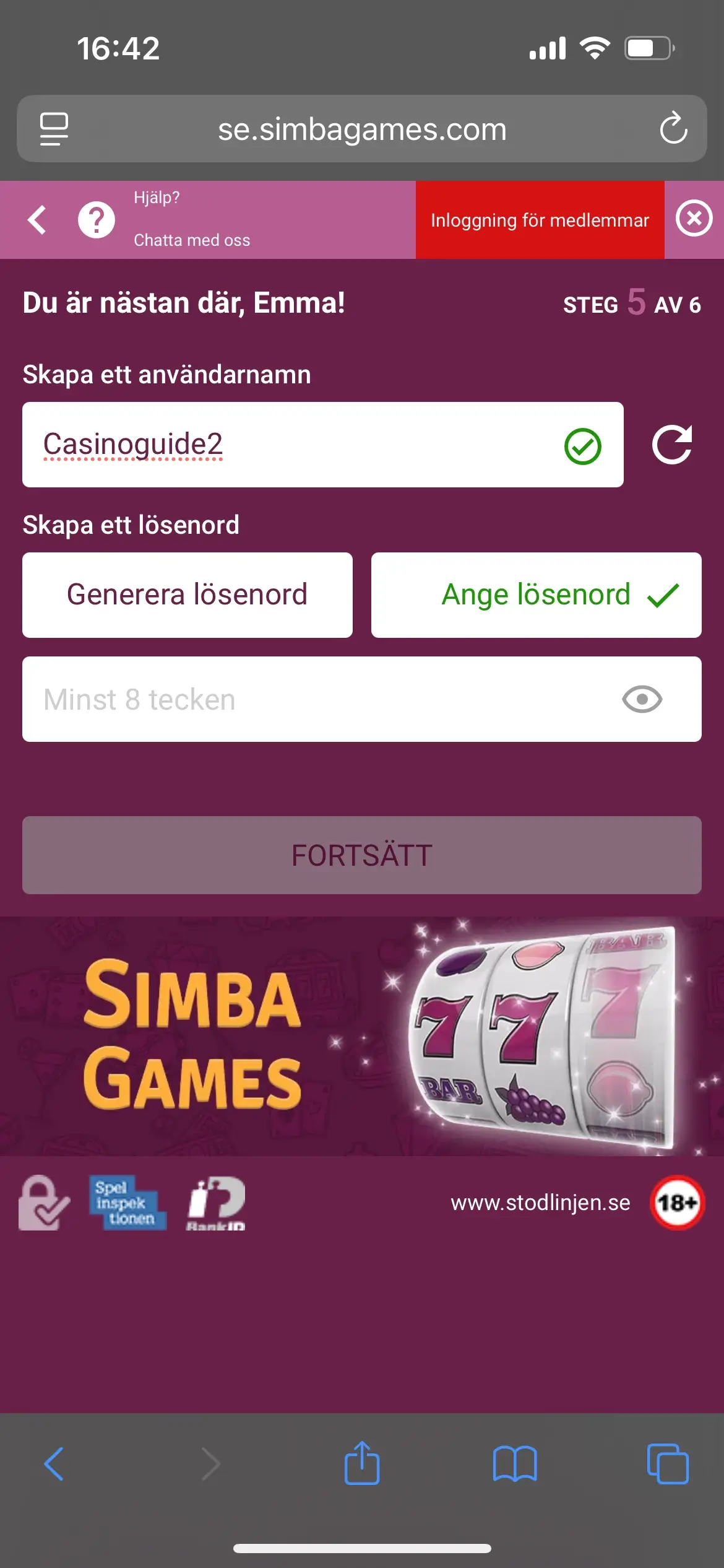 Simba Games registrering steg 6