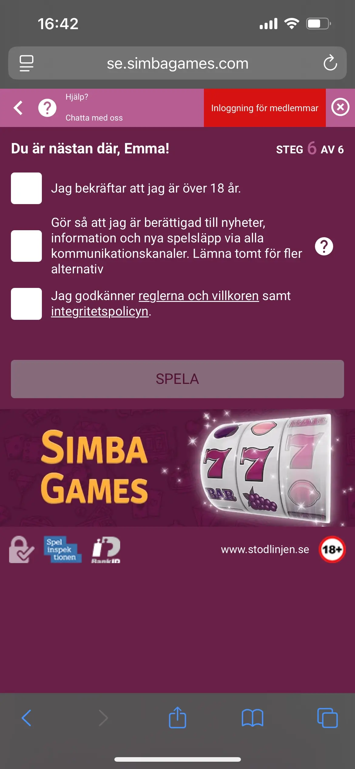 Simba Games registrering steg 7