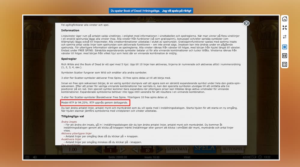 Book of Dead RTP: 94,25 %