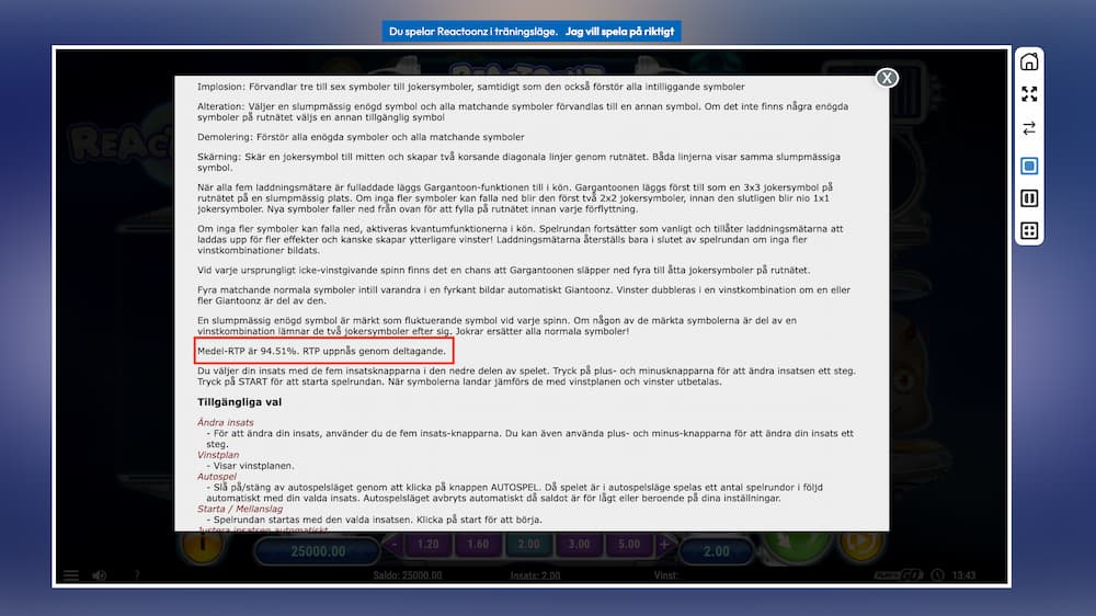 Reactoonz RTP: 94,51 %