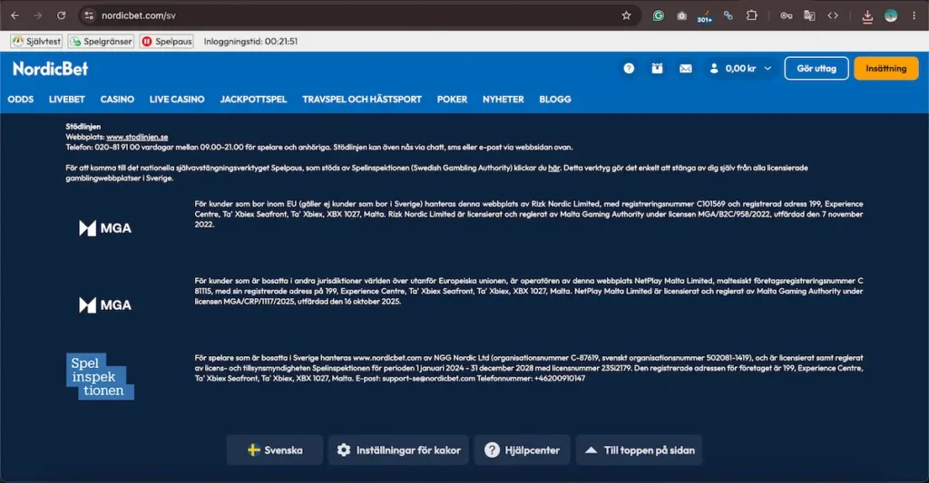 NordicBet licensinformation footer