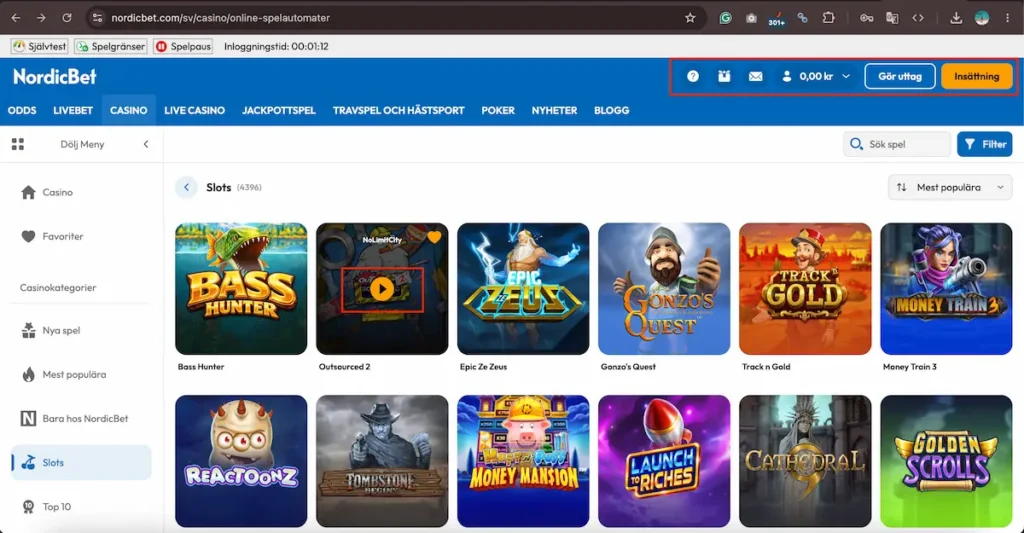 NordicBet demo test inloggad