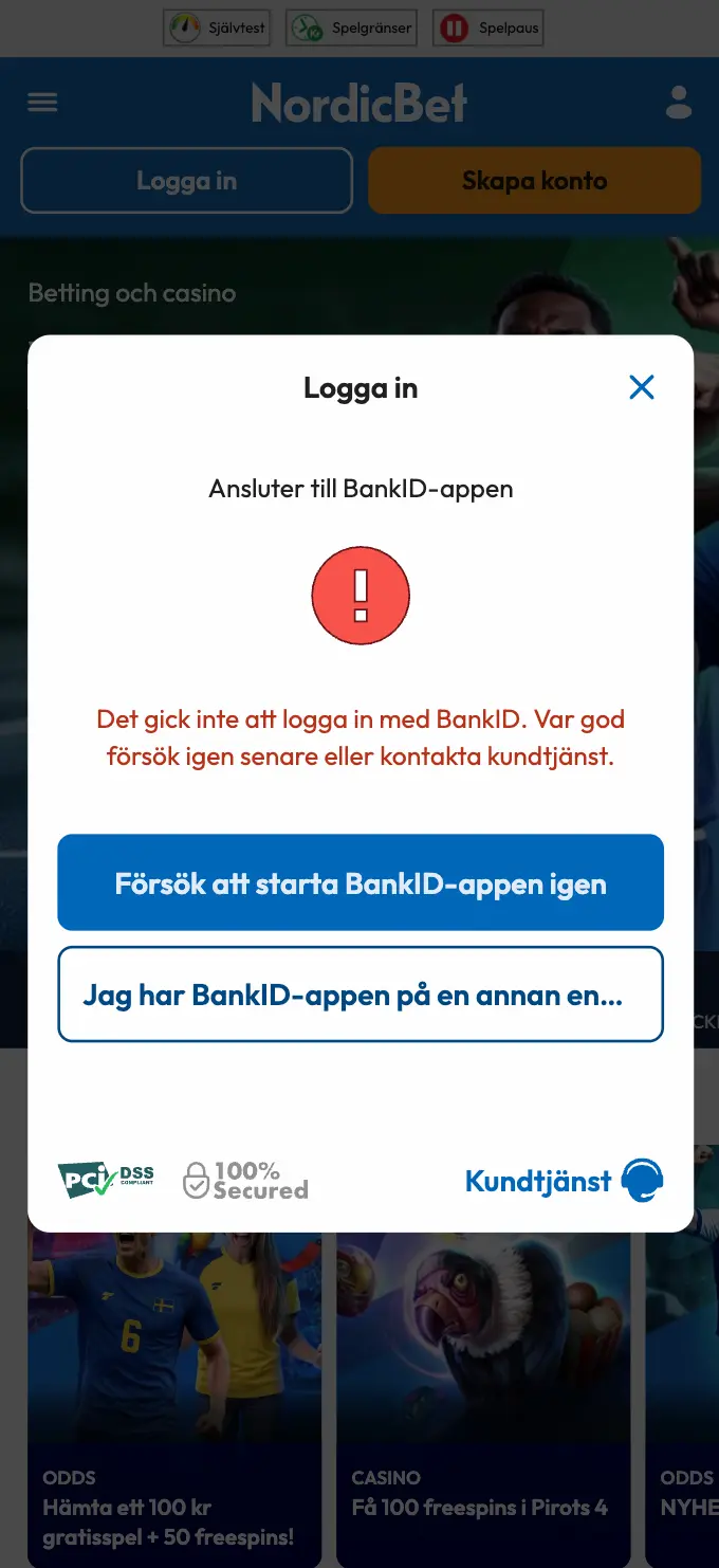 Vi upplevde tekniska problem när vi försökte logga in med BankID på mobilen.