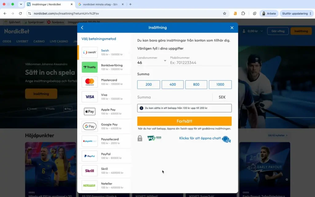 Insättning med Swish hos NordicBet