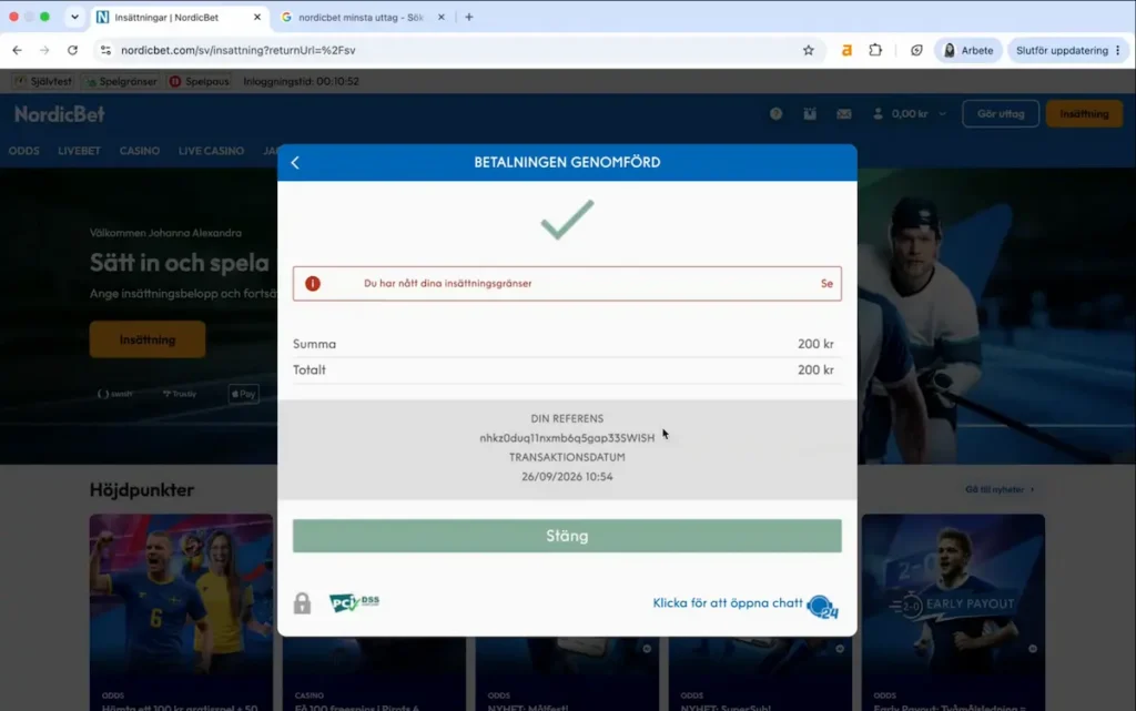 Insättning med Swish hos NordicBet