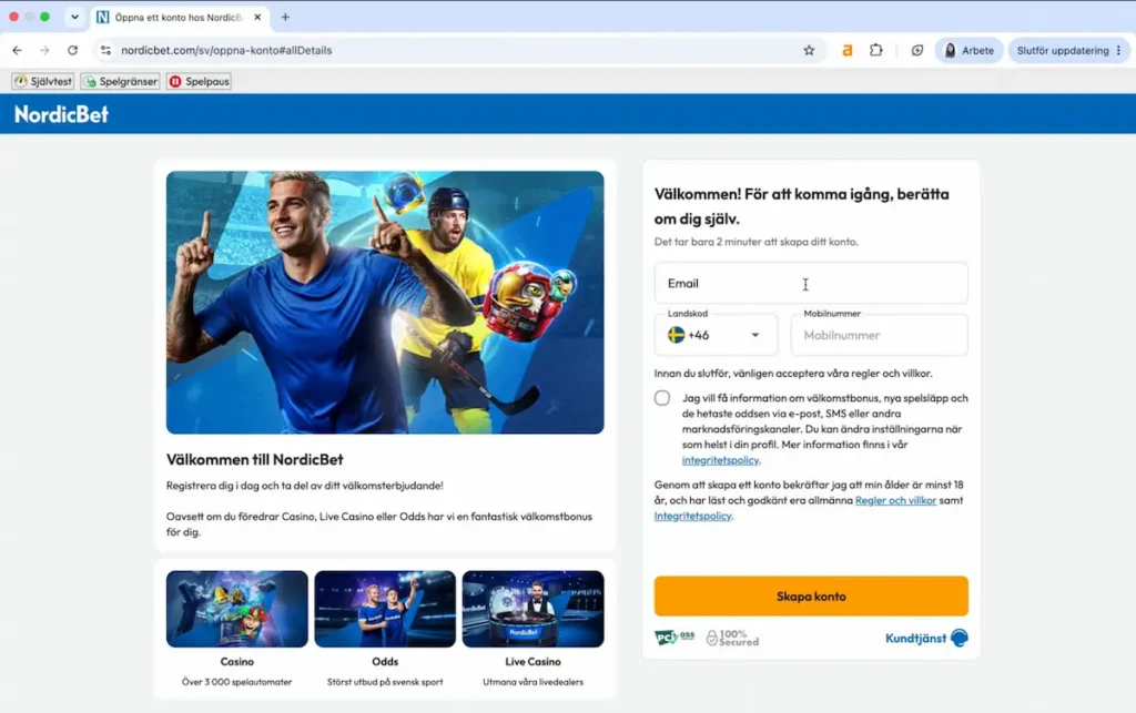 Registrering av spelkonto hos NordicBet