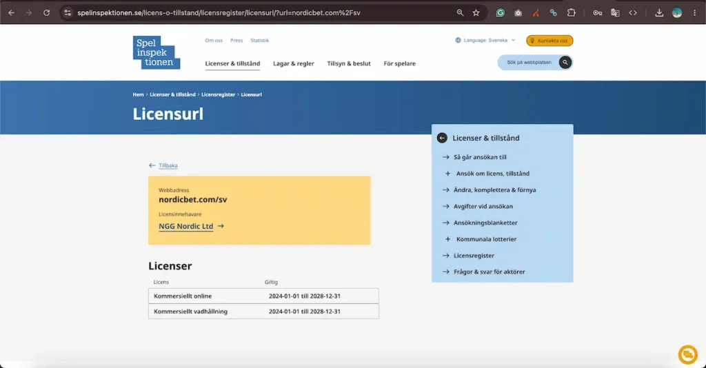 Nordicbet status hos Spelinspektionen