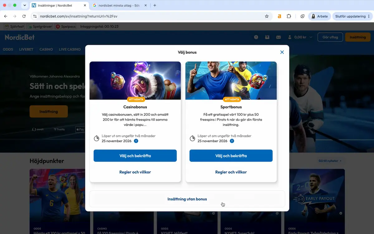 NordicBet val av välkomstbonus för nya spelare