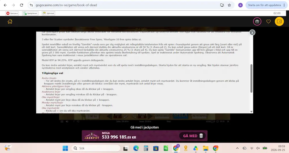 Book of Dead RTP: 94.25 %