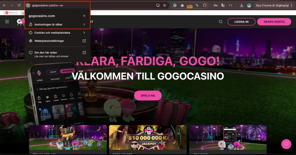 Säker anslutning med SSL-certifikat hos GoGoCasino