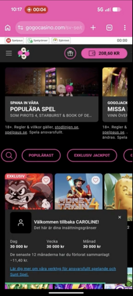 Skärmdump som visar när vi loggade in på vårt spelkonto i GoGoCasinos mobilcasino.