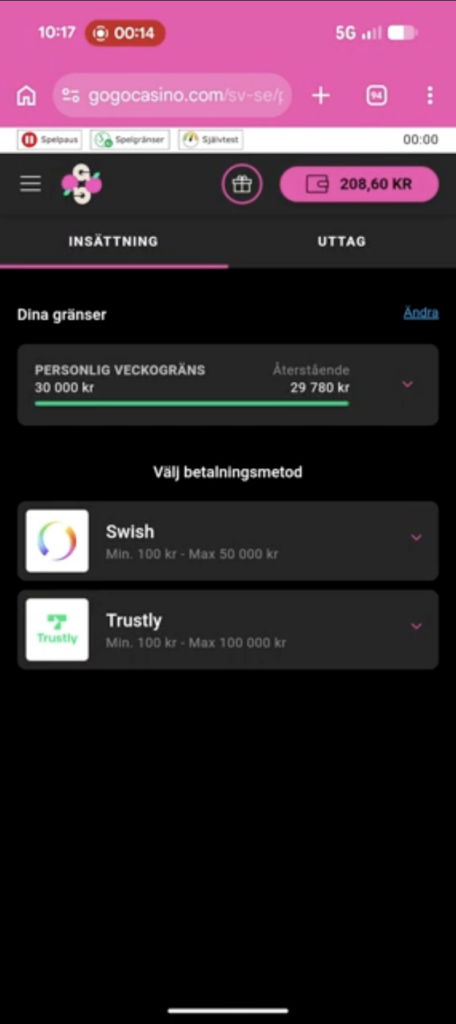 Kassan i GoGoCasinos mobilcasino