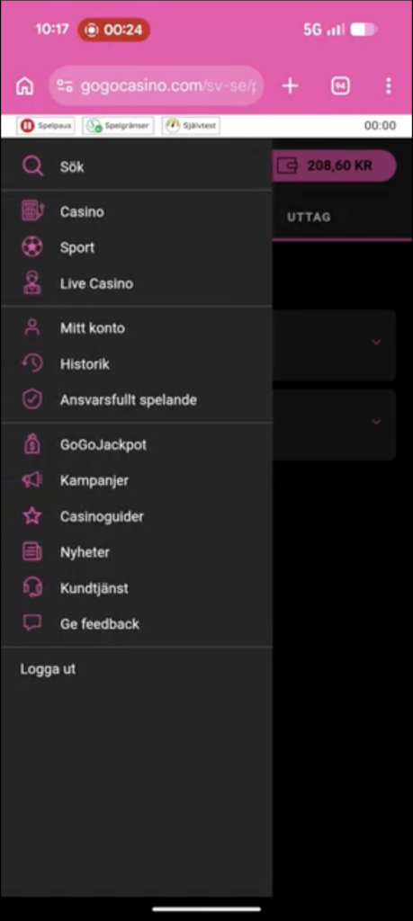 GoGocasinos meny och navigering i mobilen.