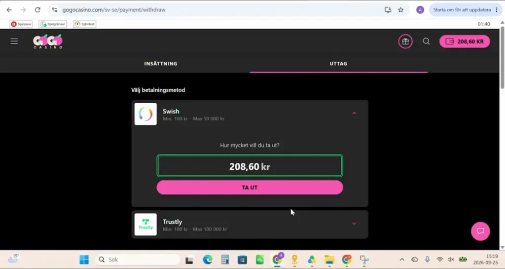 Vi gör ett uttag med Swish hos GoGoCasino
