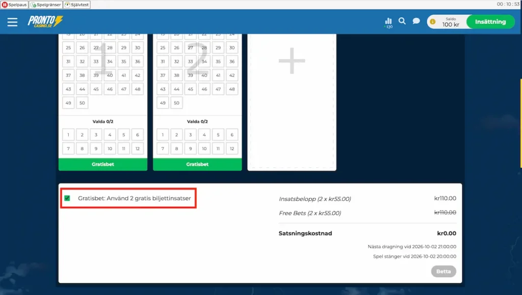 Pronto Casino bonus aktiverad