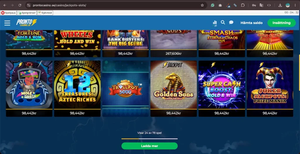 Skärmdump som visar antalet jackpots hos Pronto Casino
