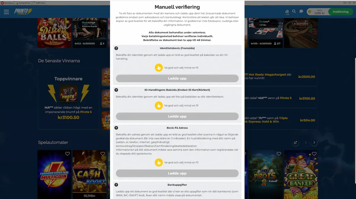 Skärmdump: Information om hur KYC-processen fungerar på Pronto Casinos hemsida.